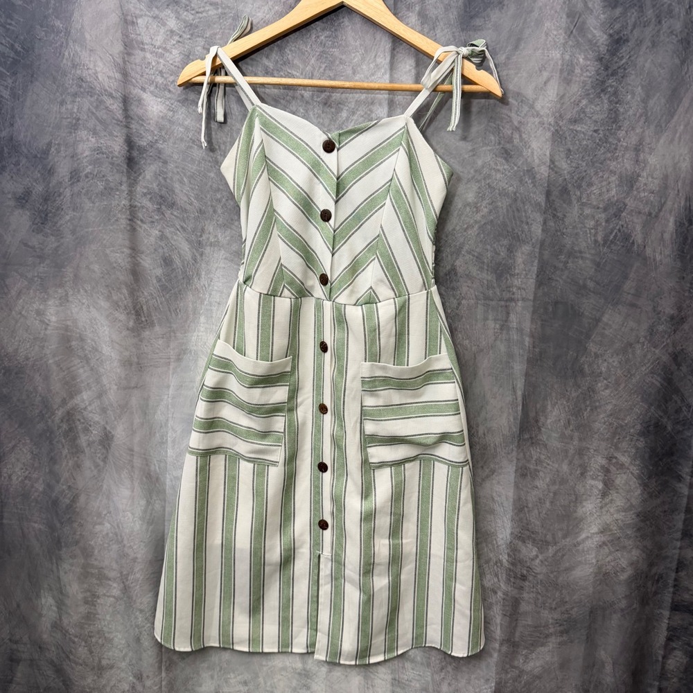Monteau Los Angeles Green White Striped Button Front Tie Strap Dress Small